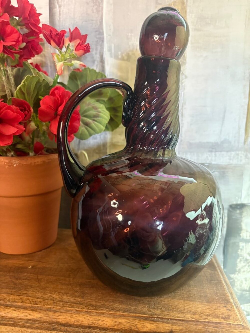 Vintage Amethyst Purple Art Glass Pitcher Decanter Hand Blown Swirl with Stopper